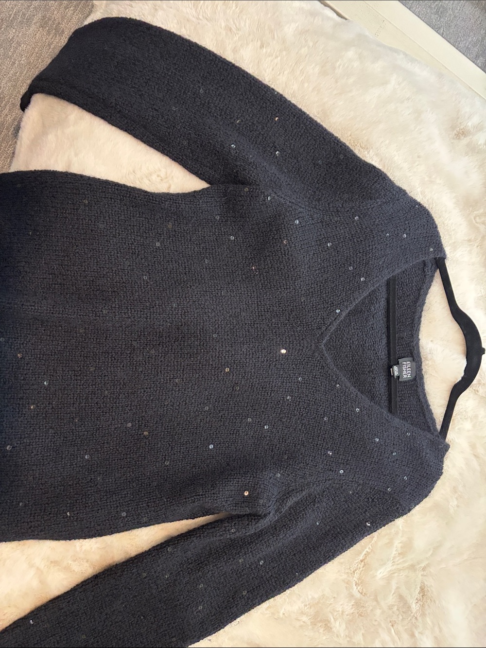 Eileen Fisher Black V-Neck Sweater with Subtle Sequin Detail